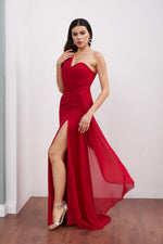 Angelino Red Chiffon One Shoulder Slip Long Evening Dress