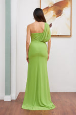 Angelino peanut green chiffon one shoulder slit long evening dress dress