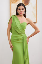 Angelino peanut green chiffon one shoulder slit long evening dress dress