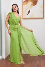 Angelino peanut green chiffon one shoulder slit long evening dress dress