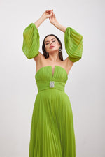 Angelino peanut green chiffon belt detailed long evening dress dress