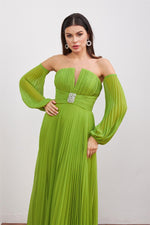 Angelino peanut green chiffon belt detailed long evening dress dress