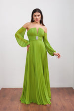 Angelino peanut green chiffon belt detailed long evening dress dress