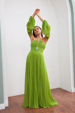 Angelino peanut green chiffon belt detailed long evening dress dress