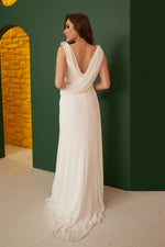 Angelino Ecru Chiffon Shoulder Long Wedding Dress with Stone