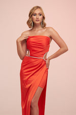 Angelino Orange Satin Strapless Long Evening Dress with Side Slit