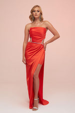 Angelino Orange Satin Strapless Long Evening Dress with Side Slit