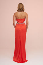 Angelino Orange Satin Strapless Long Evening Dress with Side Slit