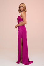 Angelino Fuchsia Satin Strapless Long Evening Dress with Side Slit