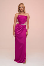 Angelino Fuchsia Satin Strapless Long Evening Dress with Side Slit