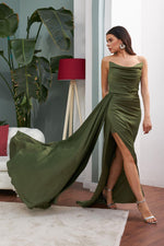 Khaki Slit Satin Evening Dress Cat Ear Dress