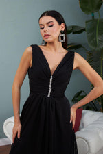 Angelino Black Chiffon Collar Stone Long Evening Dress and Invitation Dress