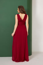 Angelino Bordeaux Chiffon Collar Long Evening Dress and Invitation Dress