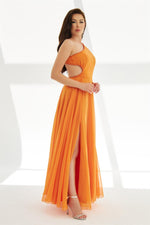 Orange Chiffon Cape Long Backless Evening Dress