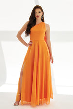 Orange Chiffon Cape Long Backless Evening Dress