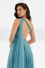 Indigo Chiffon Cape With Back Low-Cut Long Evening Dress