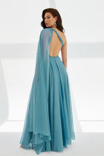 Indigo Chiffon Cape With Back Low-Cut Long Evening Dress