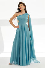 Indigo Chiffon Cape With Back Low-Cut Long Evening Dress