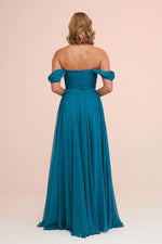 Angelino Petrol Chiffon Low Sleeve Long Evening Dress