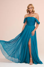 Angelino Petrol Chiffon Low Sleeve Long Evening Dress