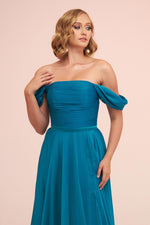 Angelino Petrol Chiffon Low Sleeve Long Evening Dress