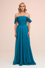 Angelino Petrol Chiffon Low Sleeve Long Evening Dress