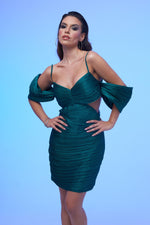 Angelino Emerald Strap Pleated Short Satin Evening Dress