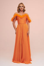 Angelino Orange Chiffon Feathered Slit Long Evening Dress
