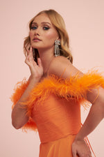 Angelino Orange Chiffon Feathered Slit Long Evening Dress