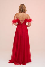 Angelino Red Chiffon Feathered Slit Long Evening Dress