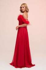 Angelino Red Chiffon Feathered Slit Long Evening Dress