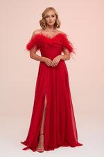 Angelino Red Chiffon Feathered Slit Long Evening Dress
