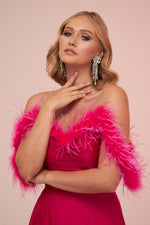 Angelino Fuchsia Chiffon Feathered Slit Long Evening Dress