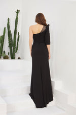 Angelino Black Crepe One Shoulder Long Evening Dress and Invitation Dress