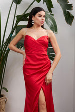 Angelino Red Satin Stone Strap Long Evening Dress