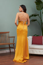 Angelino Saffron Satin Stone Hanger Long Evening Dress