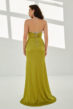 Pistachio Green Satin Stone Strap Long Evening Dress