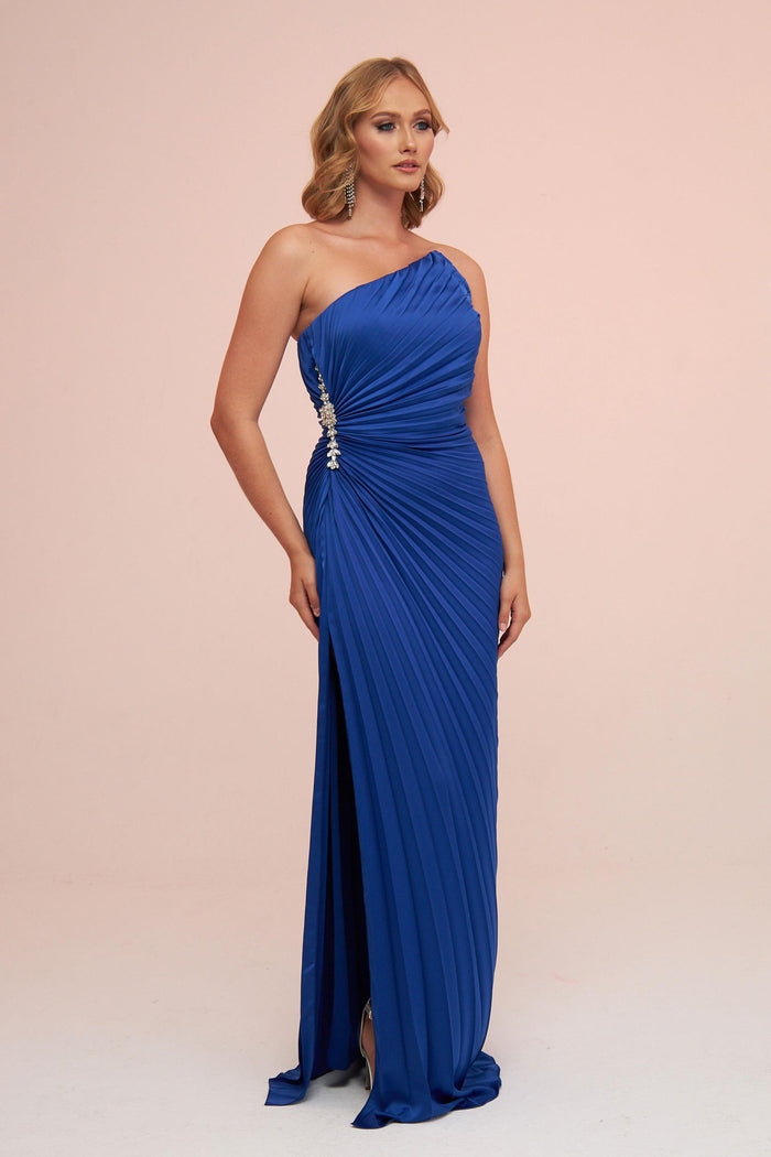 Angelino Saks Plisoley Long Evening Dress with Stone Slit on the Side