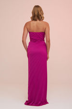 Angelino Fuchsia Plisoley Long Evening Dress with Stone Slit on the Side