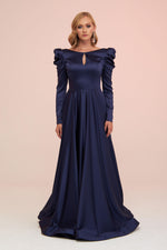 Angelino Navy Blue Satin Backless Long Engagement Dress