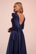 Angelino Navy Blue Satin Backless Long Engagement Dress