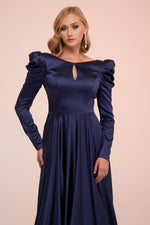 Angelino Navy Blue Satin Backless Long Engagement Dress