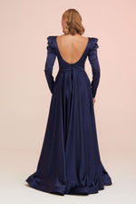 Angelino Navy Blue Satin Backless Long Engagement Dress