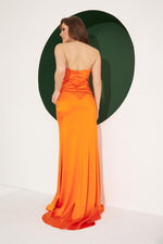 Angelino Orange Satin Strapless Embroidered Long Evening Dress