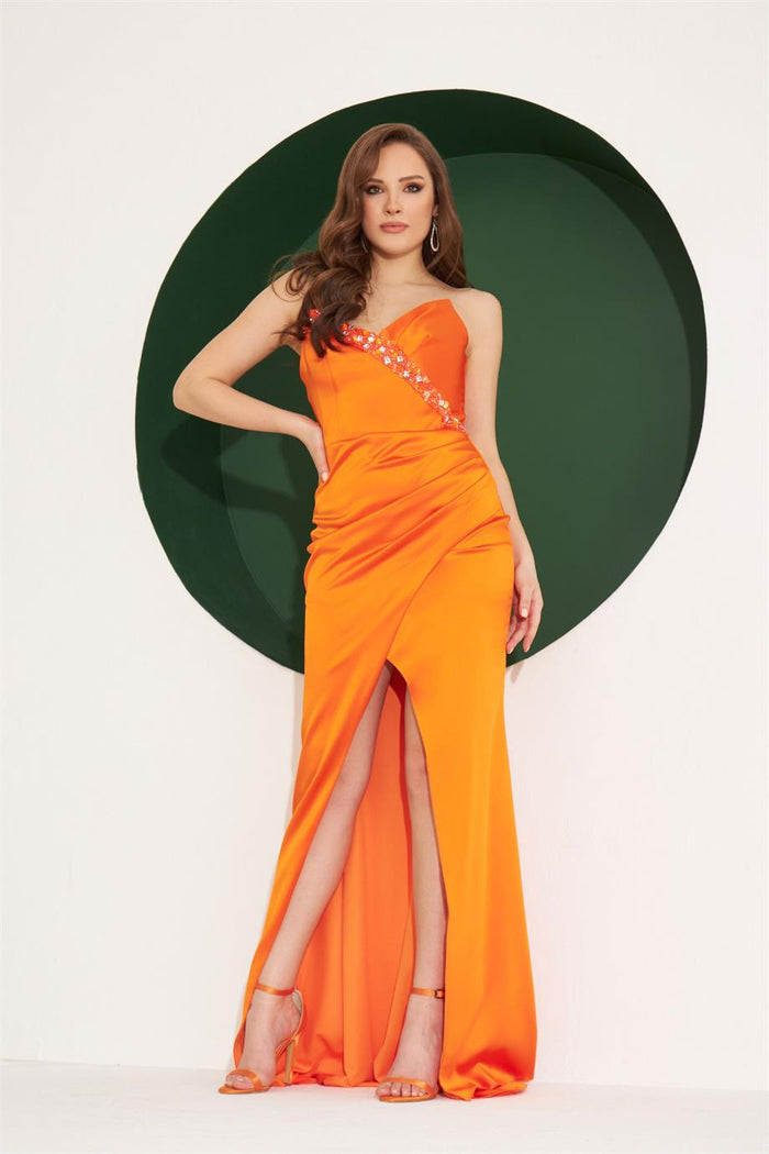 Angelino Orange Satin Strapless Embroidered Long Evening Dress