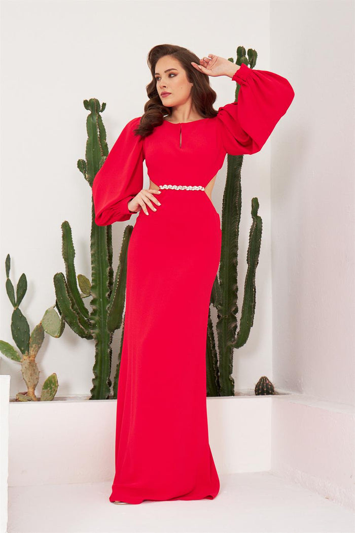 Angelino Coral Crepe Embroidered Balloon Sleeze Long Evening Dress