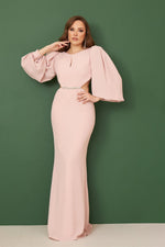 Angelino Powder Crepe Embroidered Balloon Sleeze Long Evening Dress