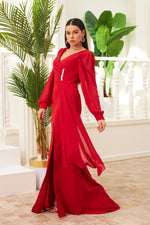 Angelino red chiffon buckle detailed long evening dress dress