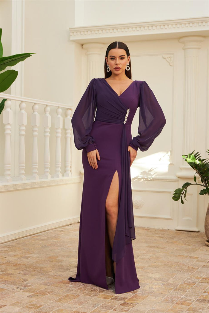 Angelino Plum Chiffon Buckle Detailed Long Evening Dress