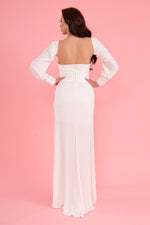 Ecru Satin Front Slit Aller Sleeve Long Wedding Dress